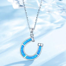 Load image into Gallery viewer, Silver Blue Horseshoe Pendant Opal Necklace
