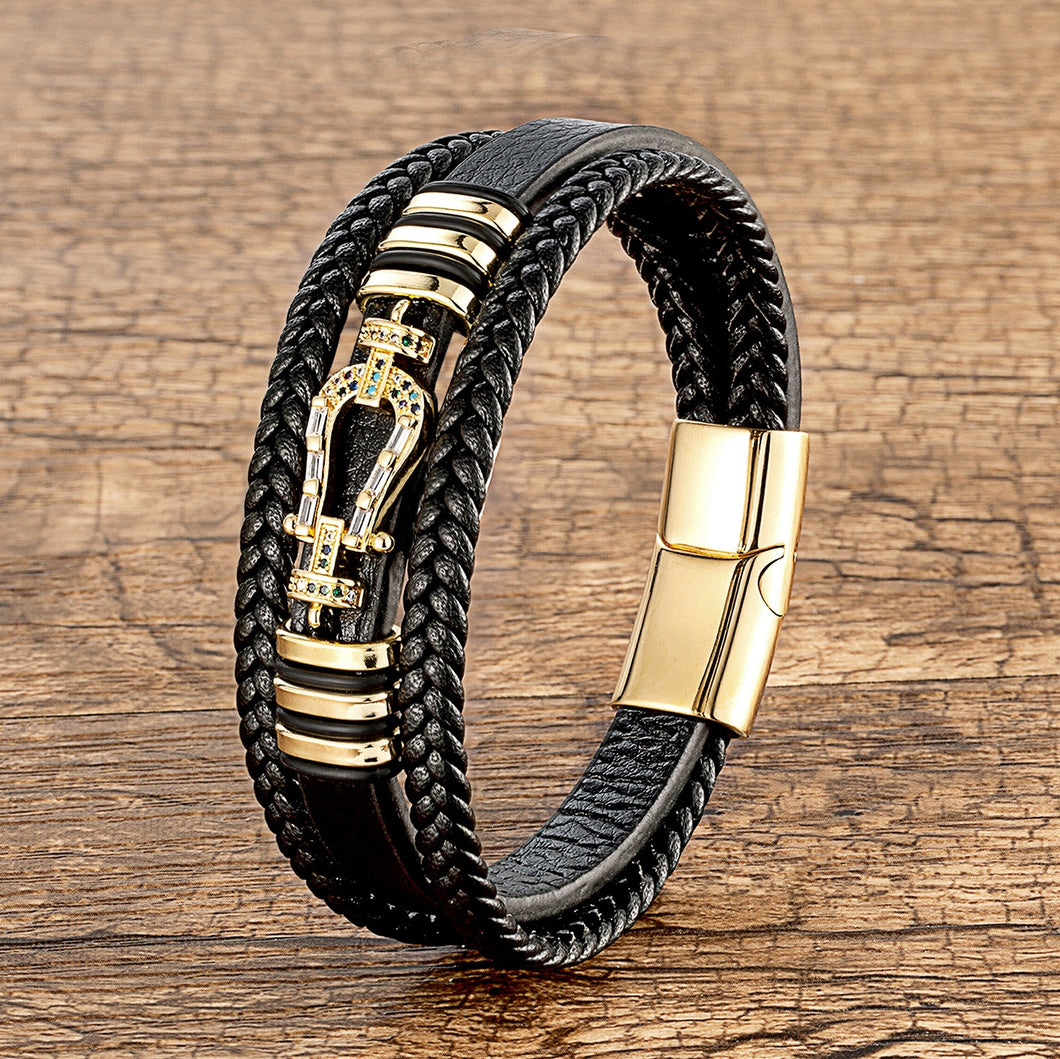Multilayer Leather Horseshoe Charm Bracelet