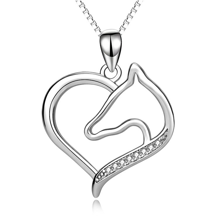 925 Silver Horse Head Heart-Shaped Necklace