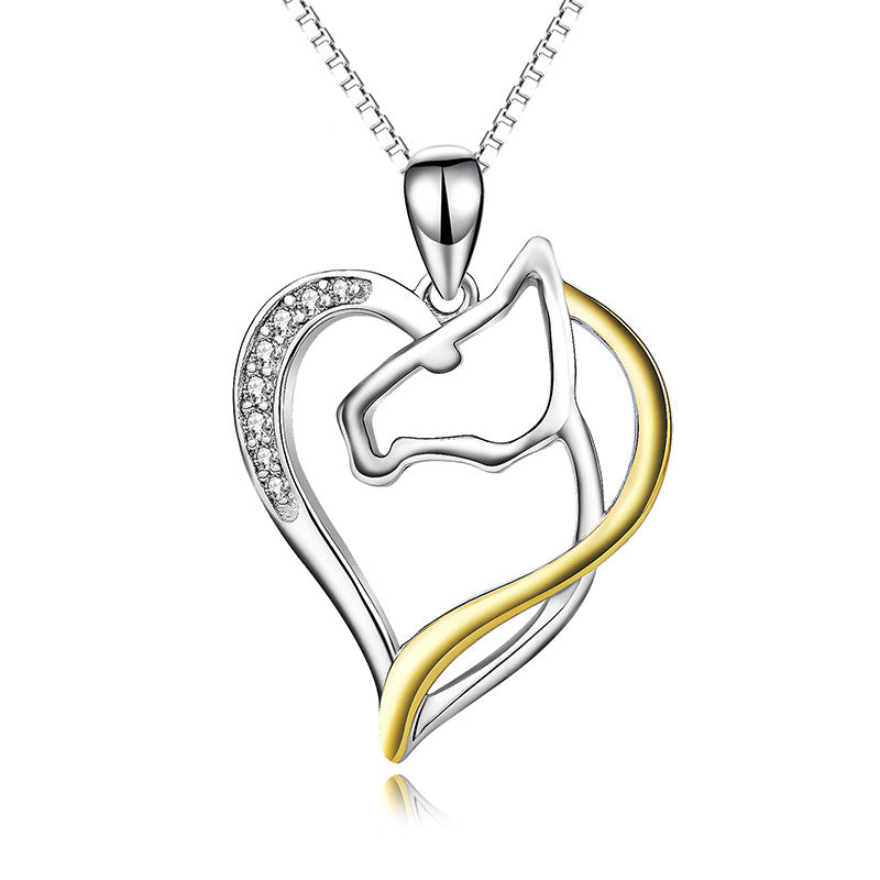 925 Silver Horse Head Heart Shaped Diamond Necklace