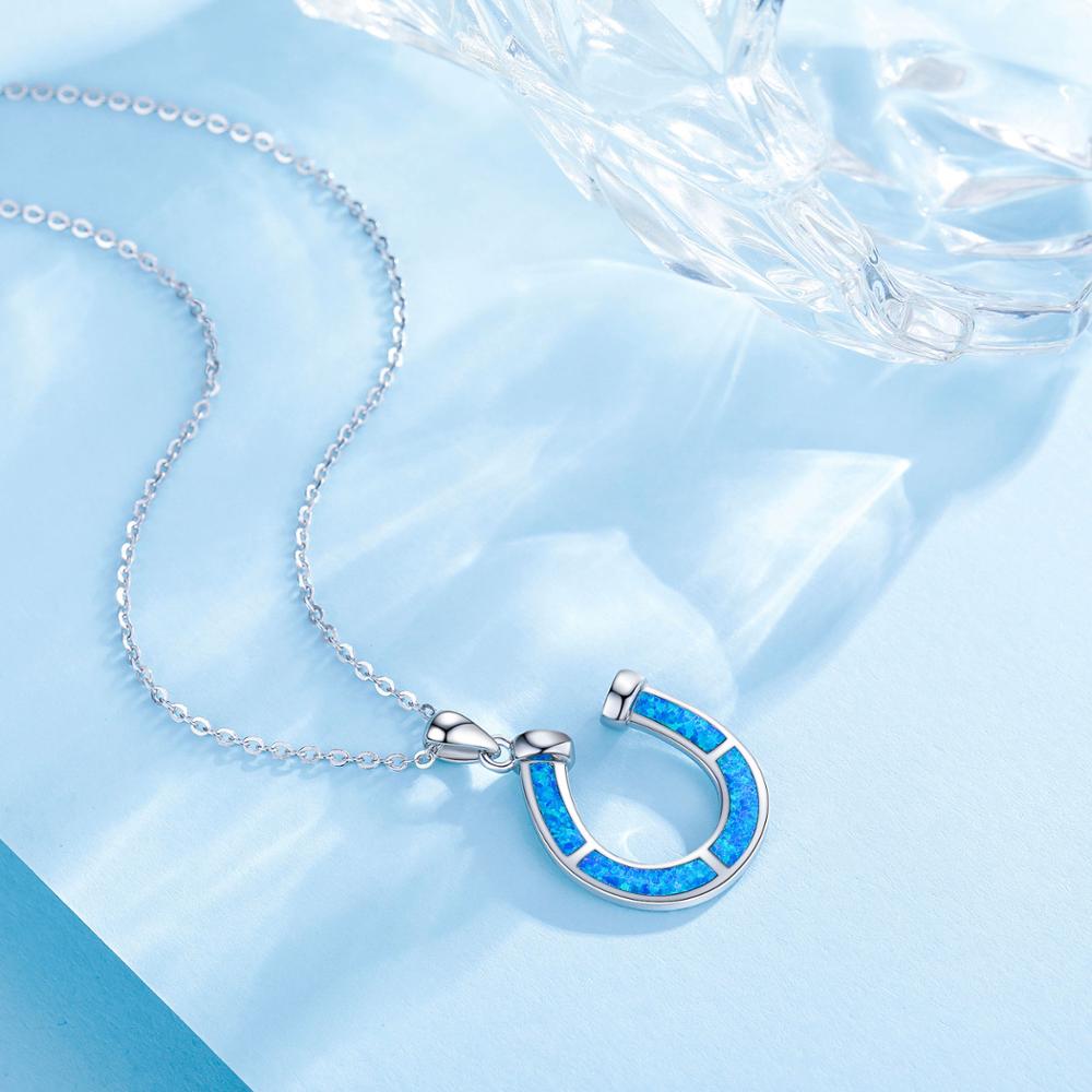 Silver Blue Horseshoe Pendant Opal Necklace