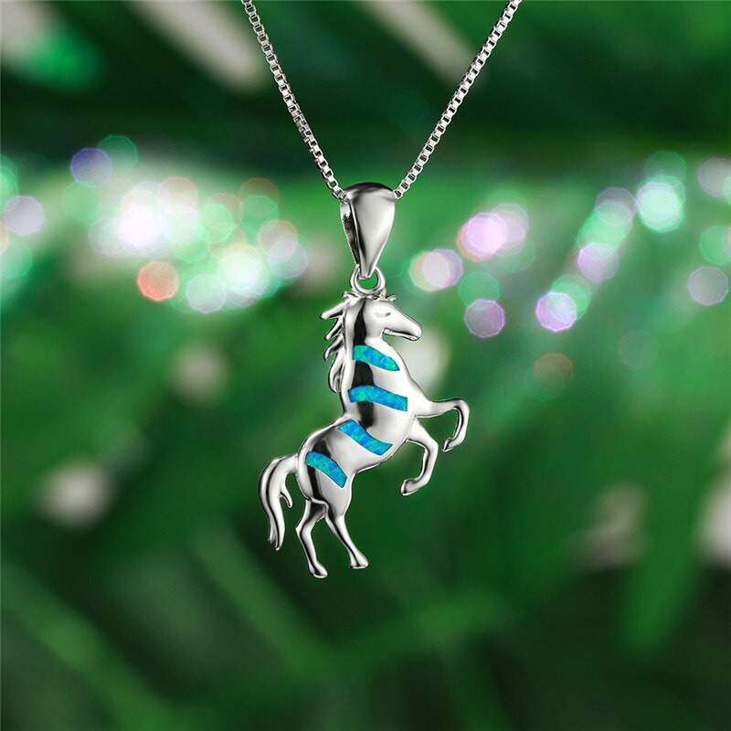 Boho White Blue Opal Horse Necklace