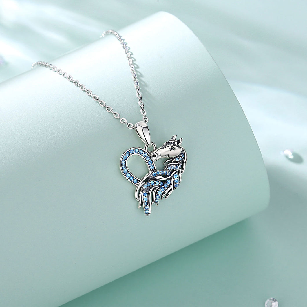 Delicate Blue Crystal Heart Horse Necklace