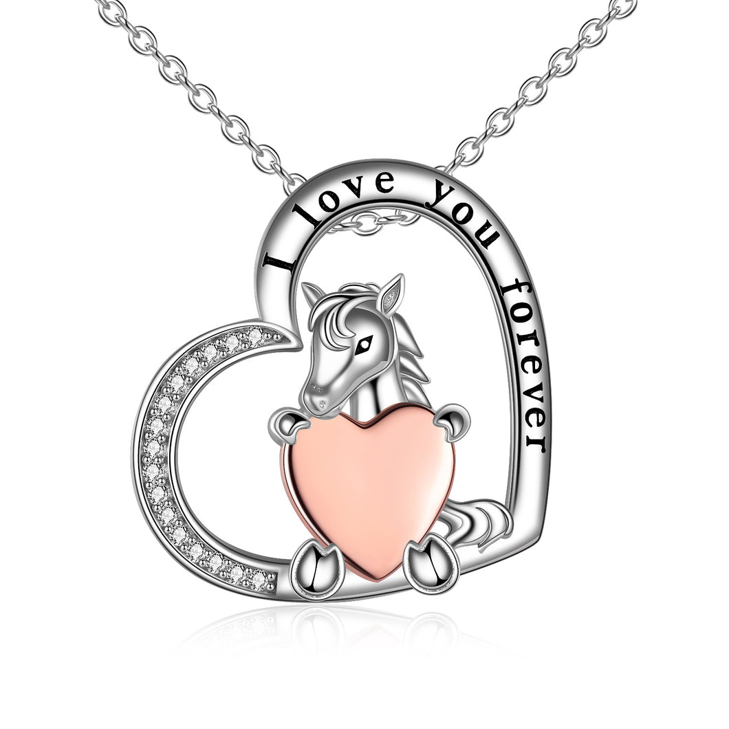 S925 Sterling Silver Heart Horse Necklace